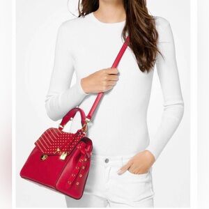 NWT Authentic Michael Kors Leather Studded Satchel Handbag Crossbody Red ❤️❤️❤️